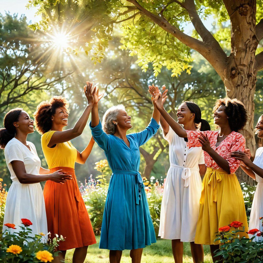 A serene outdoor scene depicting a diverse group of people engaged in joyful activities, sharing laughter and kindness. Incorporate symbols of compassion, like open hands and bright flowers, symbolizing growth and well-being. The background features soft sunlight filtering through trees, creating an atmosphere of warmth and connection. Emphasize cheerful expressions and a sense of community. vibrant colors. super-realistic.