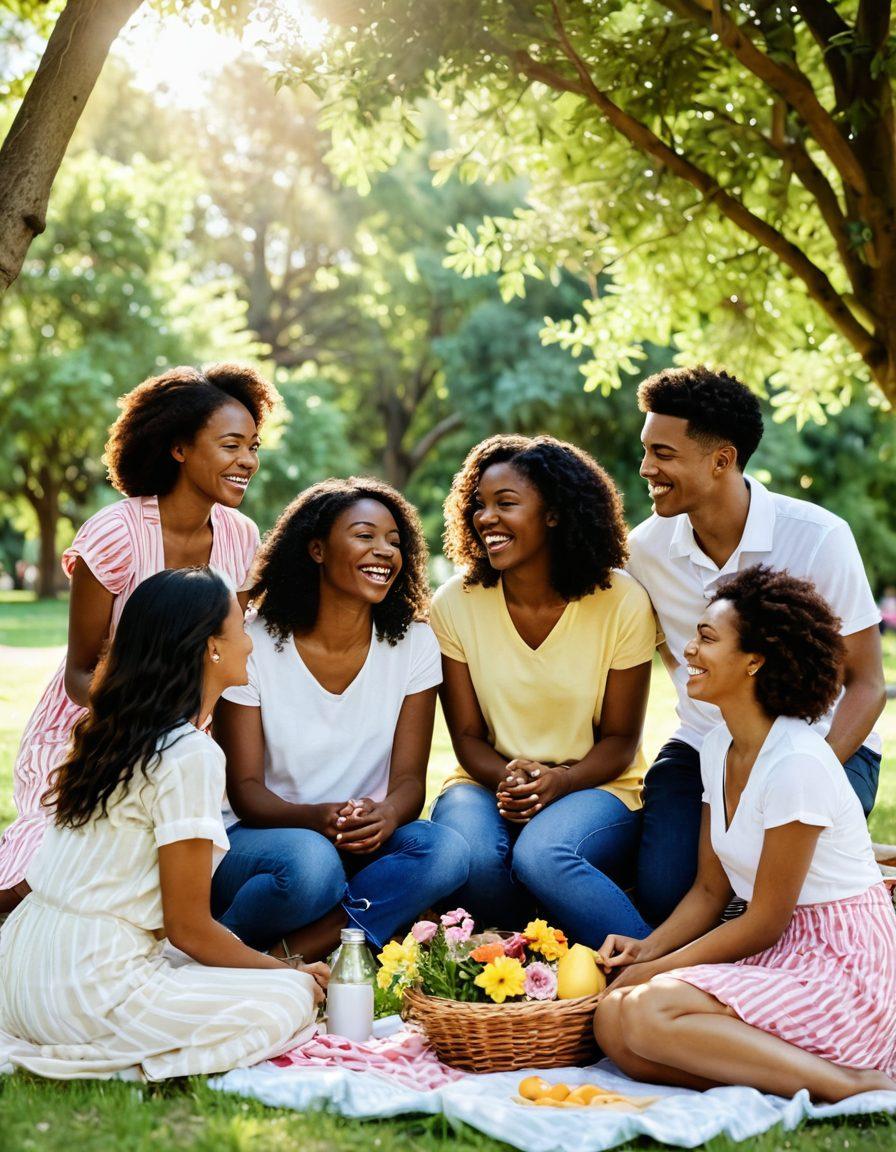 A heartwarming scene depicting a diverse group of friends gathered in a cozy park, sharing laughter and stories over a picnic. Sunlight filters through the trees, illuminating warm smiles and compassionate gestures, such as one friend comforting another. The background features vibrant flowers and soft greenery, symbolizing growth in friendship. Emphasize warmth, connection, and joy. super-realistic. vibrant colors. 3D.