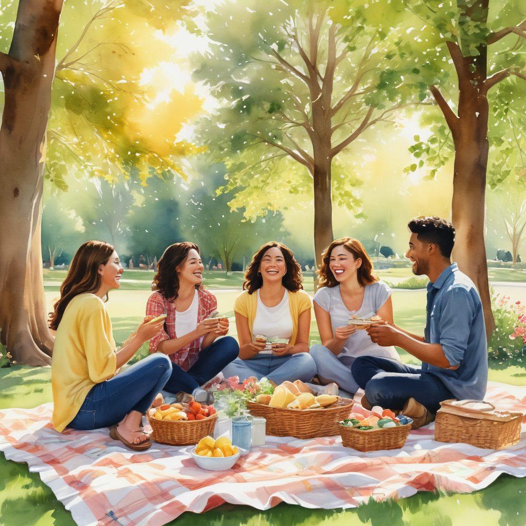 A warm, sunlit park scene featuring a diverse group of friends gathered around a picnic blanket, laughing and sharing food, with a backdrop of blooming flowers and tall trees. Each person displays genuine joy and connection, emphasizing the theme of camaraderie. Soft, golden light enhances the cheerful atmosphere, creating a sense of contentment and happiness. watercolor style. vibrant colors.